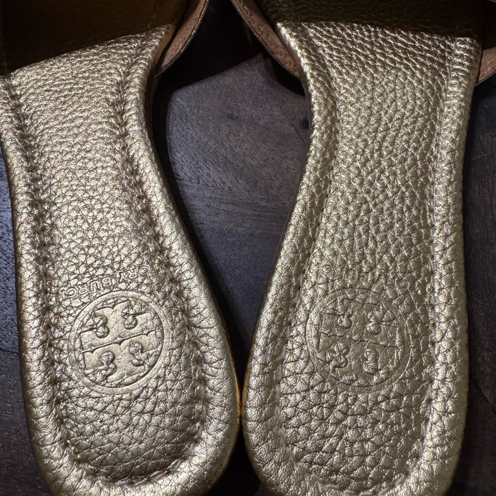 EUC LEATHER TORY BURCH GOLD Leticia Flat Slides - Picture 5 of 8